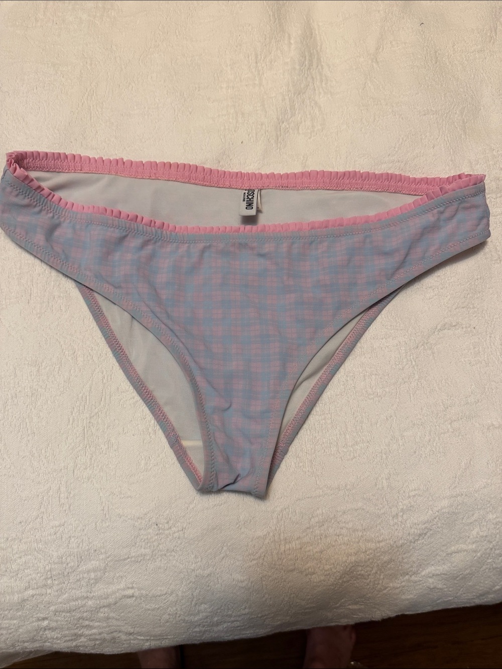 Moschino Pink and Light Blue Gingham Bikini Bottom with Ruffle Trim size Xl